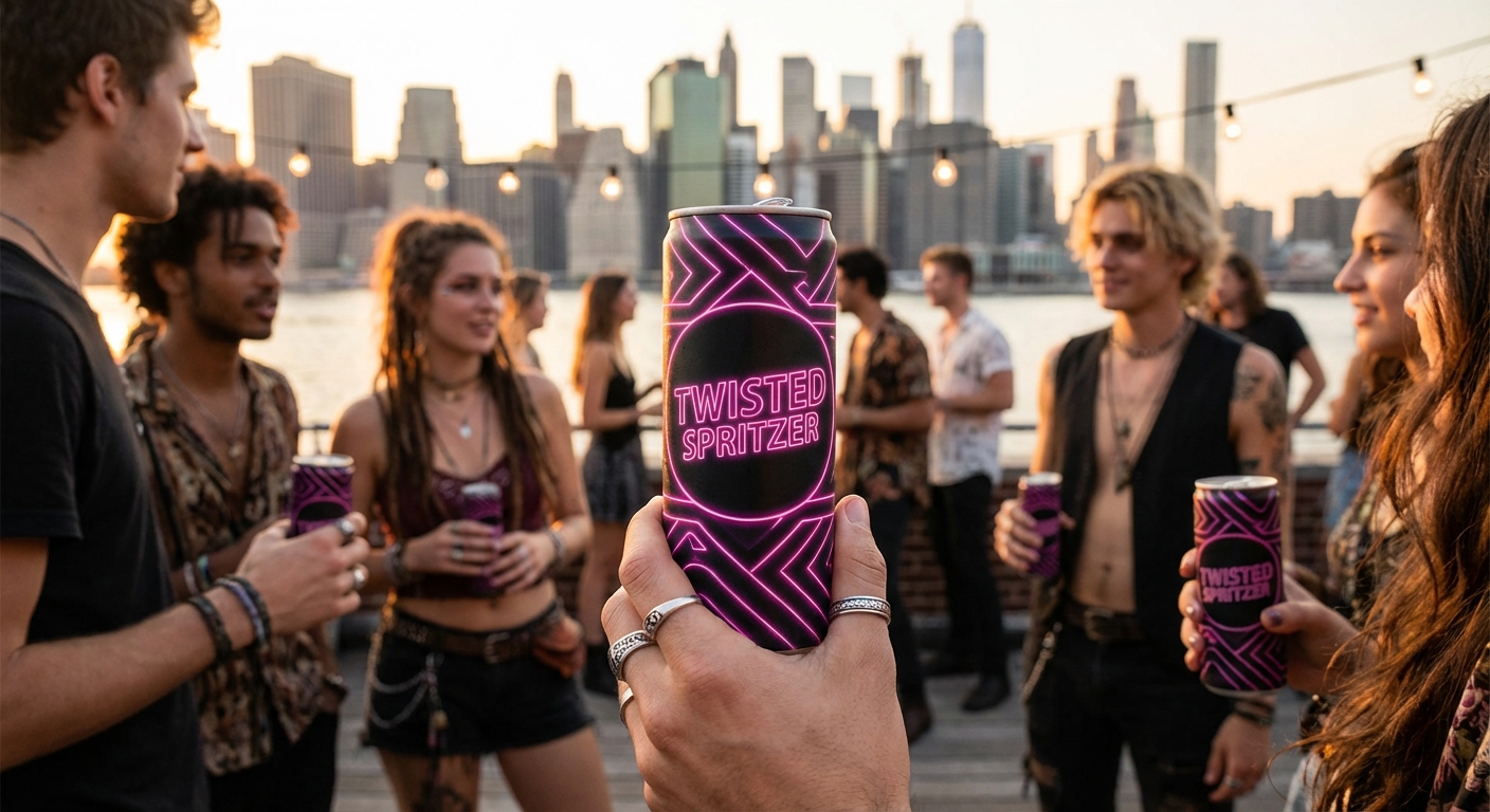 Brooklyn rooftop, golden hour, NYC skyline — where Twisted Spritzer lives