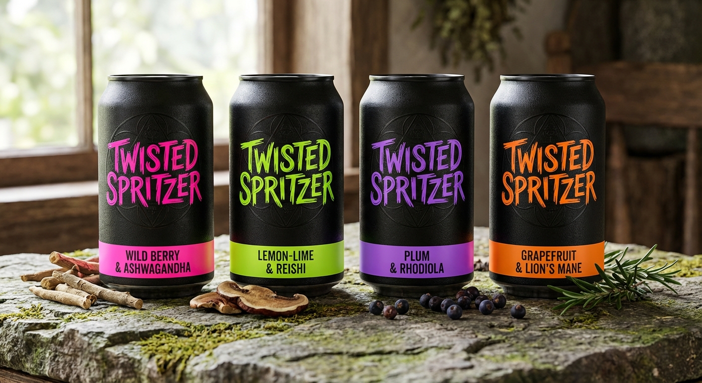 Twisted Spritzer lineup — four matte black cans with sacred geometry and adaptogen pairings